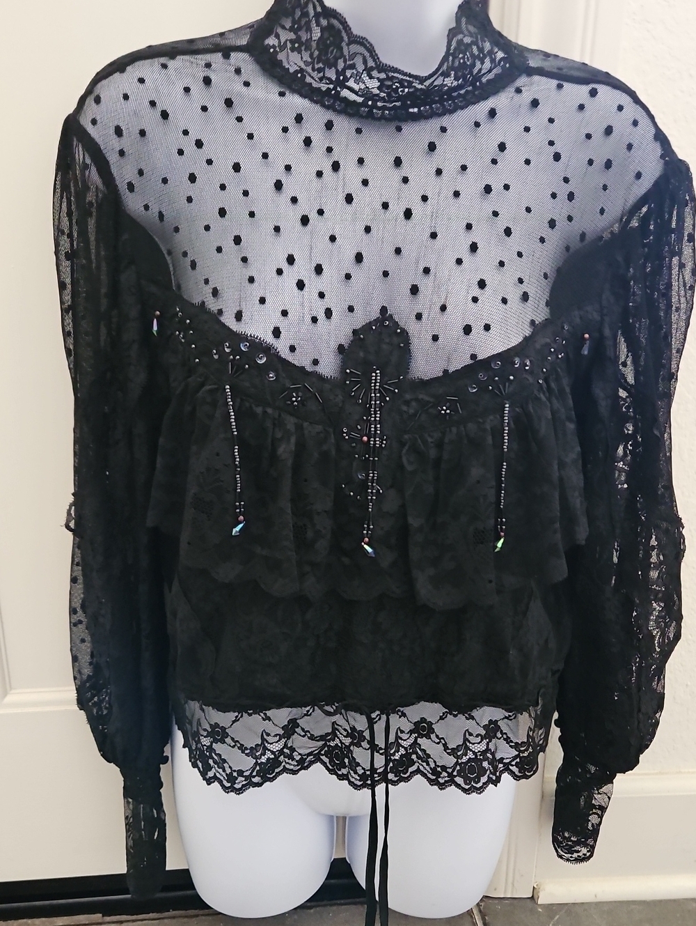 Vintage 80's Black Lace Ruffled Long-Sleeve Blouse w/front beading & Ribbon Tie